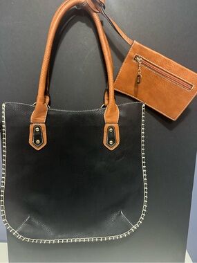 MKF Collection by Mia K Black and Tan Two-Tone Tote with Matching Wristlet